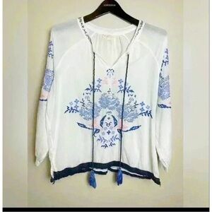 RUBY YAYA white embroidered embellished tunic top -medium